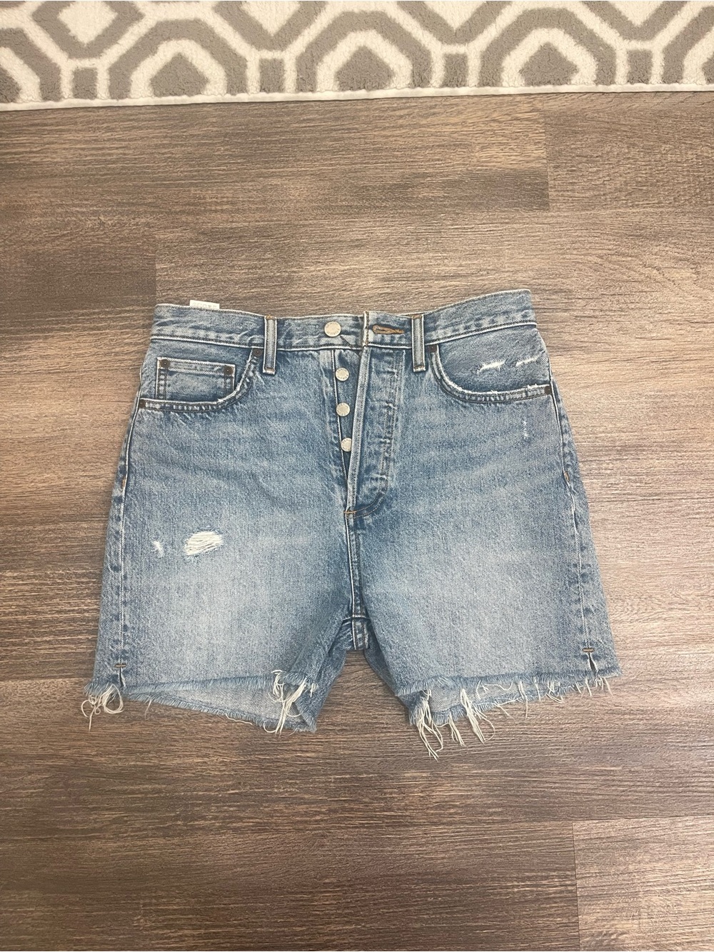 Aritzia Medium Blue Distressed Mid Thigh Denim Shorts